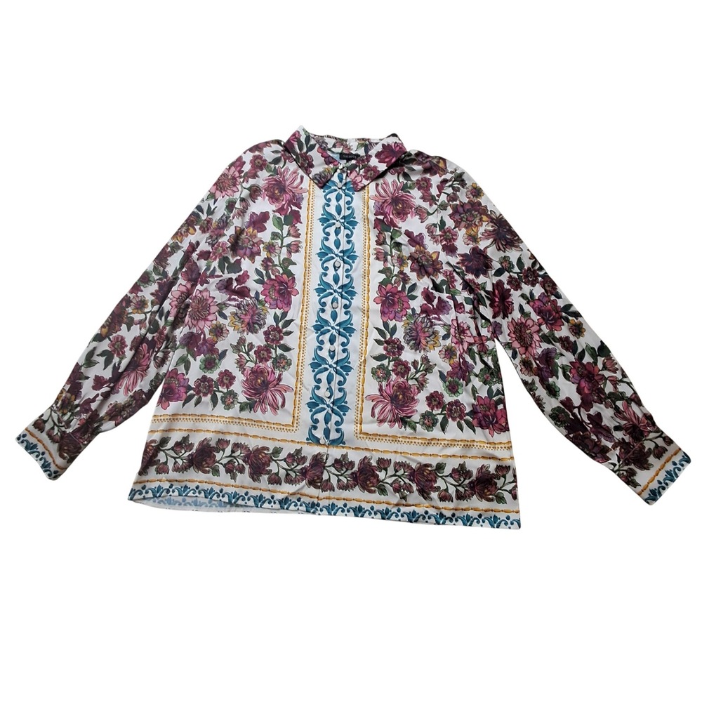 Talbots Soft Satin Charmeuse Button Front Shirt Womens XL White Floral Stretch